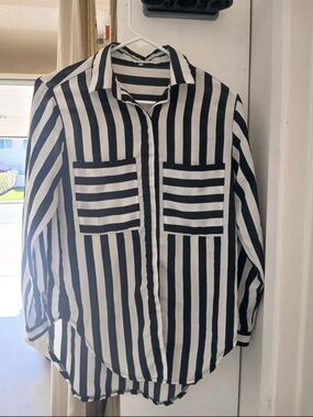 Black & White Vertical Stripe Button-Down Blouse